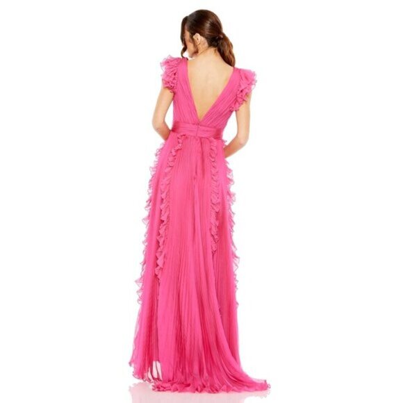 MAC DUGGAL Pleated Ruffle Cap Sleeve Chiffon Gown in Fuchsia Size US 8 - Picture 10 of 14